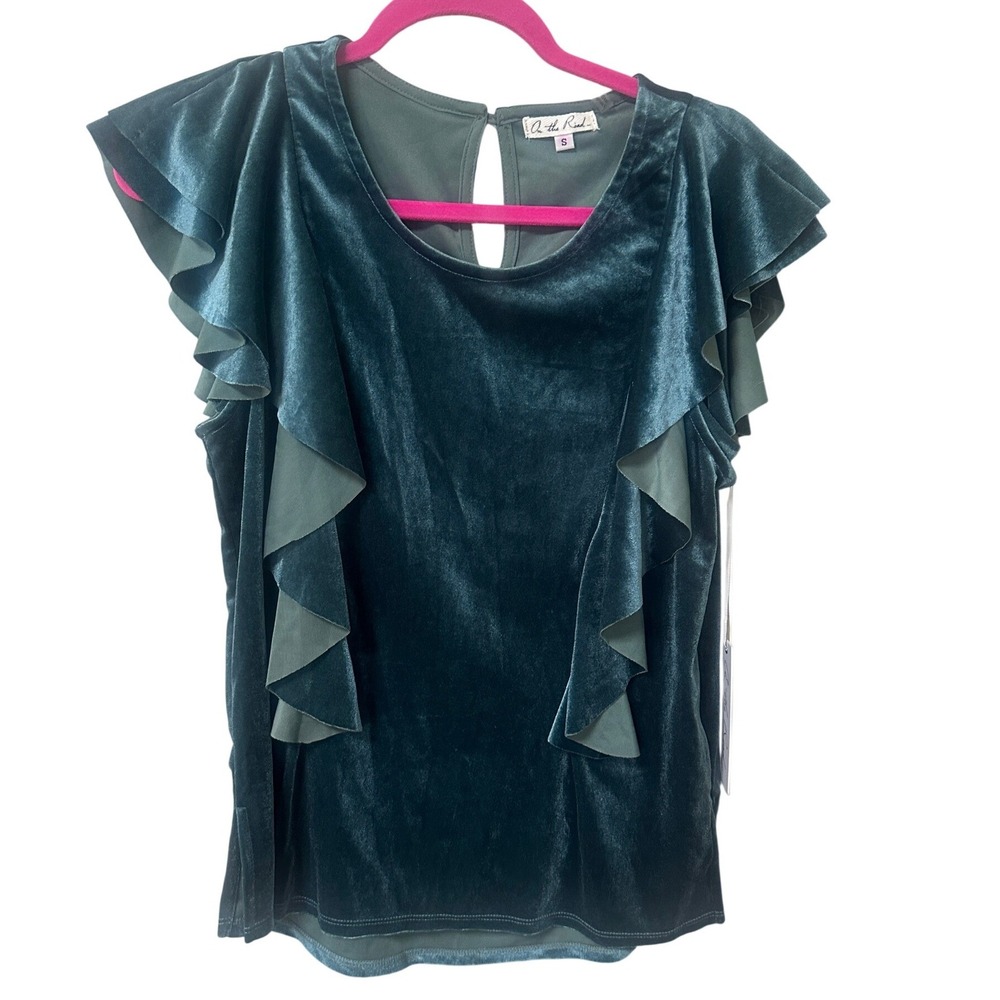 On the Road Women Forest Green Velvet Ruffle Flutter Sleeve Blouse Top Small NWT